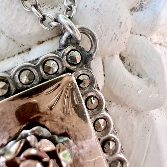 Vintage Silver Handmade 3-D Rose square pendant with Marcasite estate piece - Picture 4 of 15